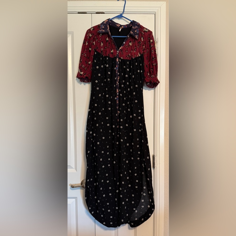 Free People Nora Midi Dress Floral Print Button Down the Front SZ L Black/Red - Picture 2 of 11